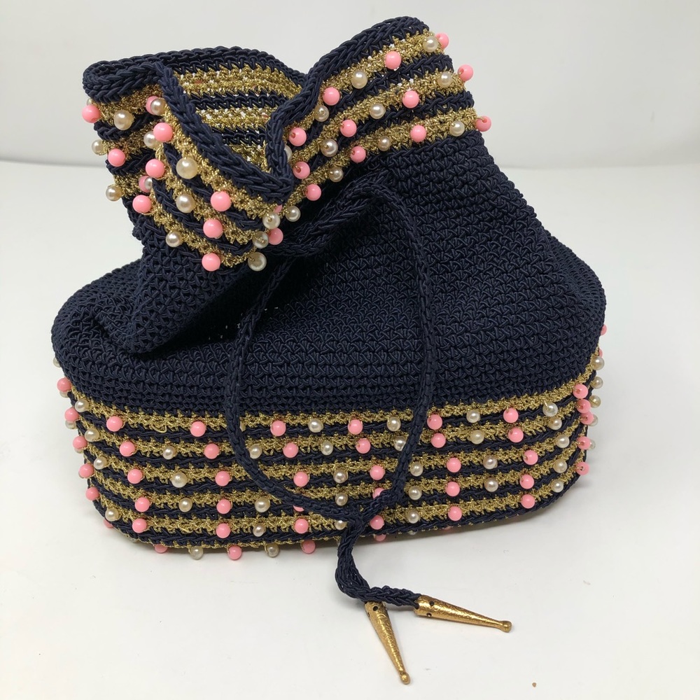 Beaded Crochet Woven Drawstring Bag Boho